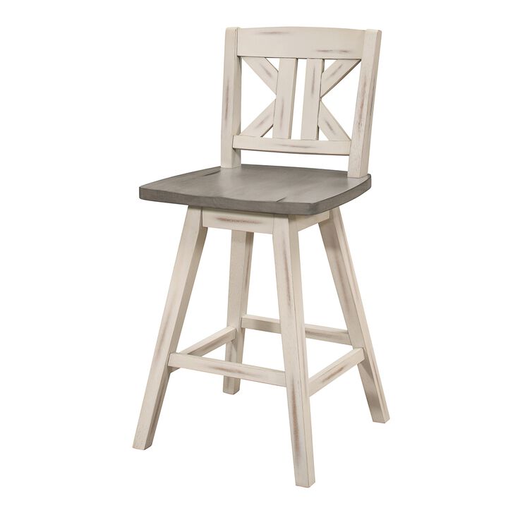 Ati 29 Inch Bar Height Stool Swivel Chairs Set of 2, Divided X Back, Gray, White - Benzara