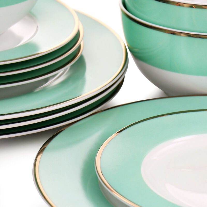Martha Stewart Gold Rimmed 12 Piece Fine Ceramic Dinnerware Set in Mint