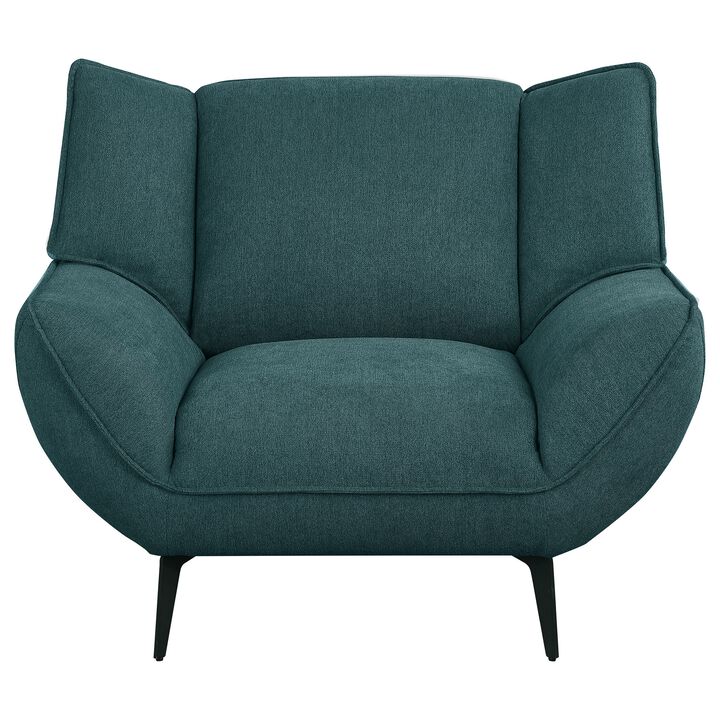 Toer 43 Inch Accent Sofa Chair, Flared Arms, Teal Blue Fabric, Black Metal - Benzara