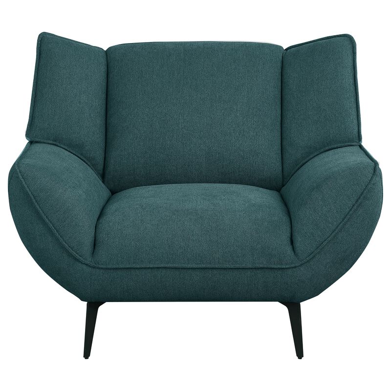 Toer 43 Inch Accent Sofa Chair, Flared Arms, Teal Blue Fabric, Black Metal - Benzara