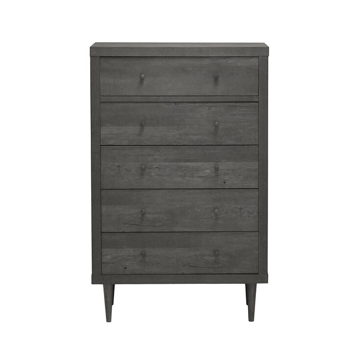 Minie Tall Dresser Chest, 5 Drawers, Rubberwood Legs, Modern Gray - Benzara
