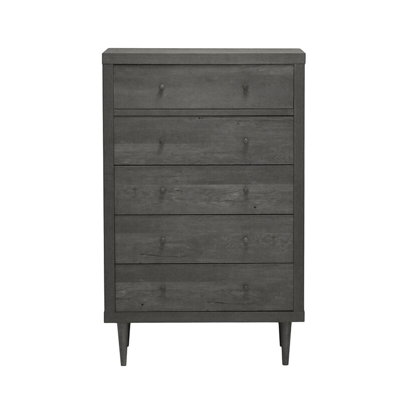 Minie Tall Dresser Chest, 5 Drawers, Rubberwood Legs, Modern Gray - Benzara
