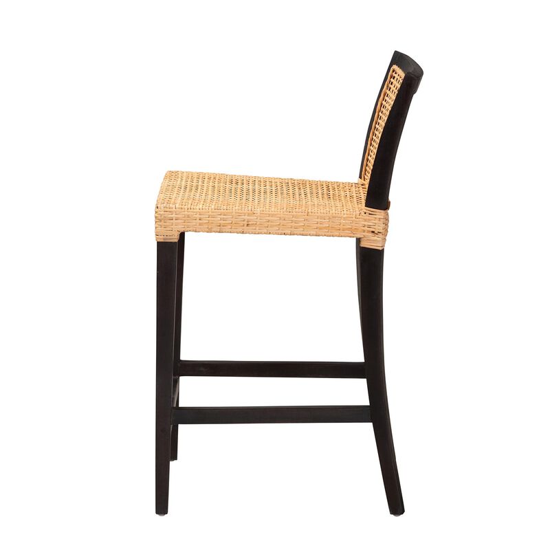 Bali & Pari Lingga Modern Dark Brown Mahogany Wood and Natural Rattan Counter Stool