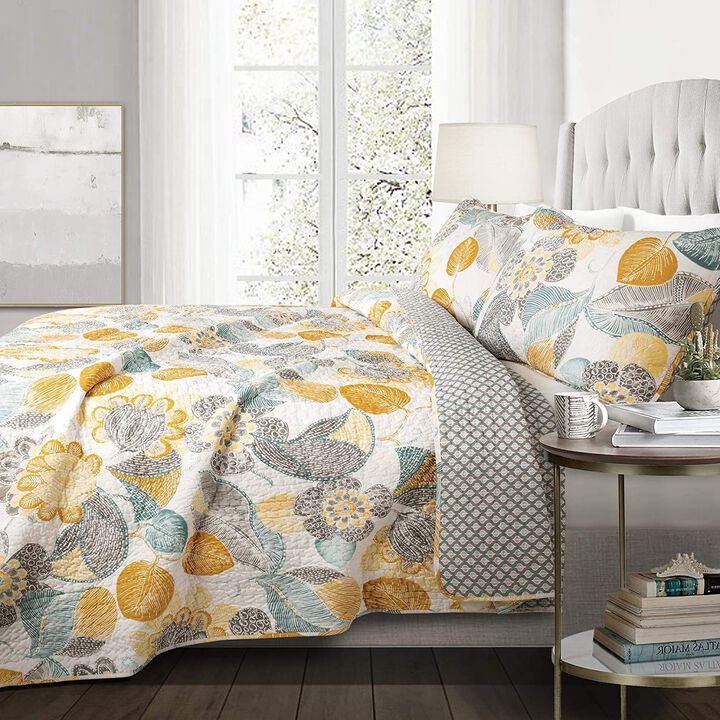 Hivvago Full/Queen 3 Piece Reversible Yellow Grey Teal Floral Leaves Cotton Quilt Set