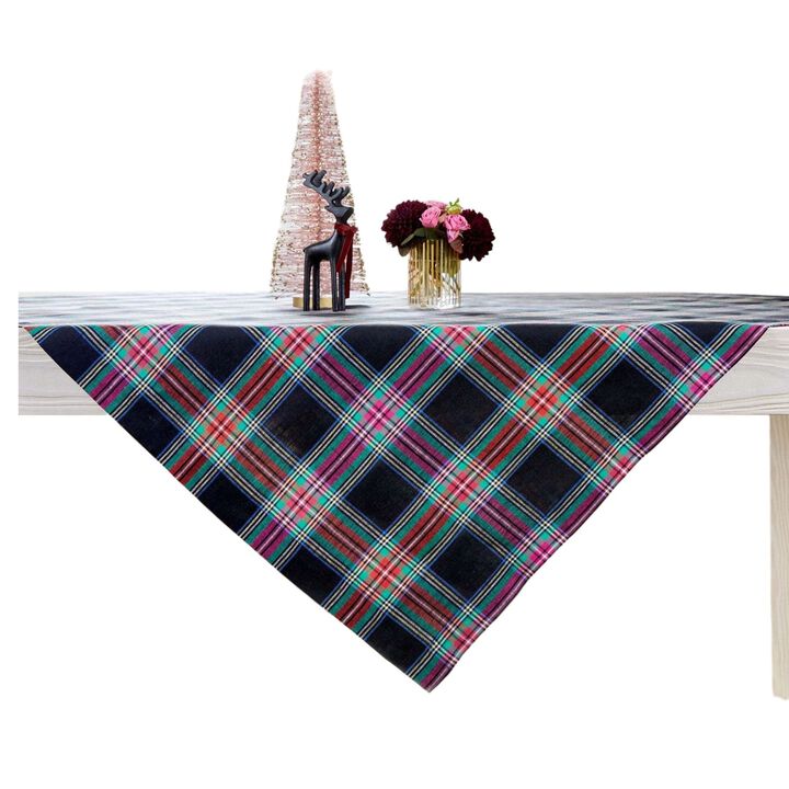 Solino Home Christmas Table Throw 52 x 52 Inch - 100% Pure Linen Black Jewel Plaid Tablecloth