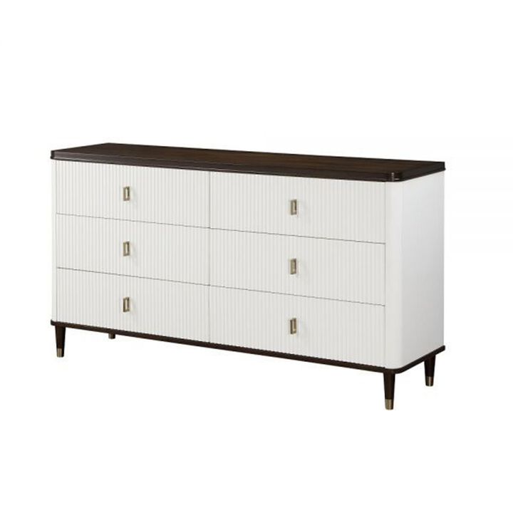 Benjara Aren 67 Inch Wide Dresser Chest, Jewelry Tray, 6 Drawers, Solid Wood, White and Brown