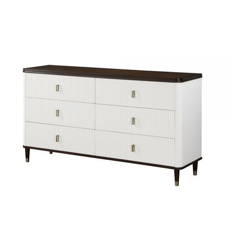 Benjara Aren 67 Inch Wide Dresser Chest, Jewelry Tray, 6 Drawers, Solid Wood, White and Brown