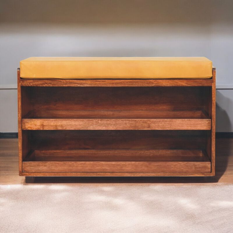 Artisan Furniture Solid Wood, Upholstered Buffalo Hide Pull out Honey Caramel Shoe Storage Bench