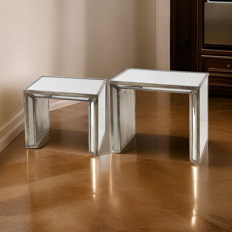 27, 21 Inch Nesting Side Table Set of 2, Mirrored Wood Frame, Silver - Benzara