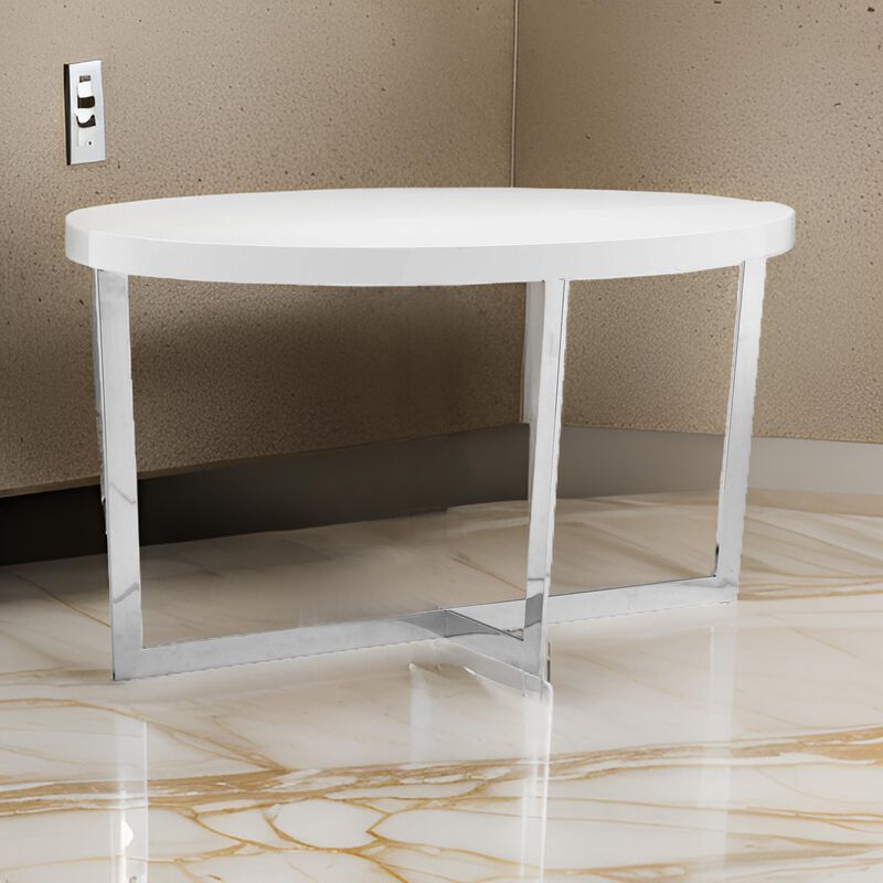 Tini 55 Inch Console Table, Oval Top, Chrome Frame, Sleek White Finish - Benzara