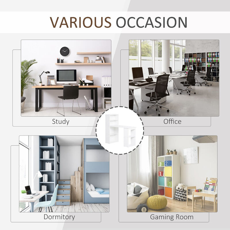 White Multitasking Desk: Modern Computer Workstation with 6-Tier Shelves