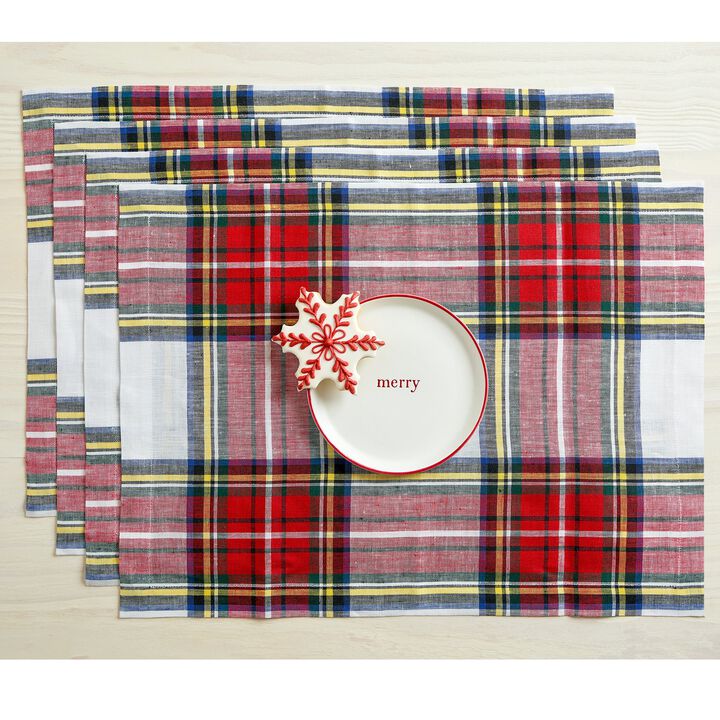 Solino Home 100% Pure Linen Double Hemstitch Placemats 14 x 19 Inch Set of 4 | Windowpane