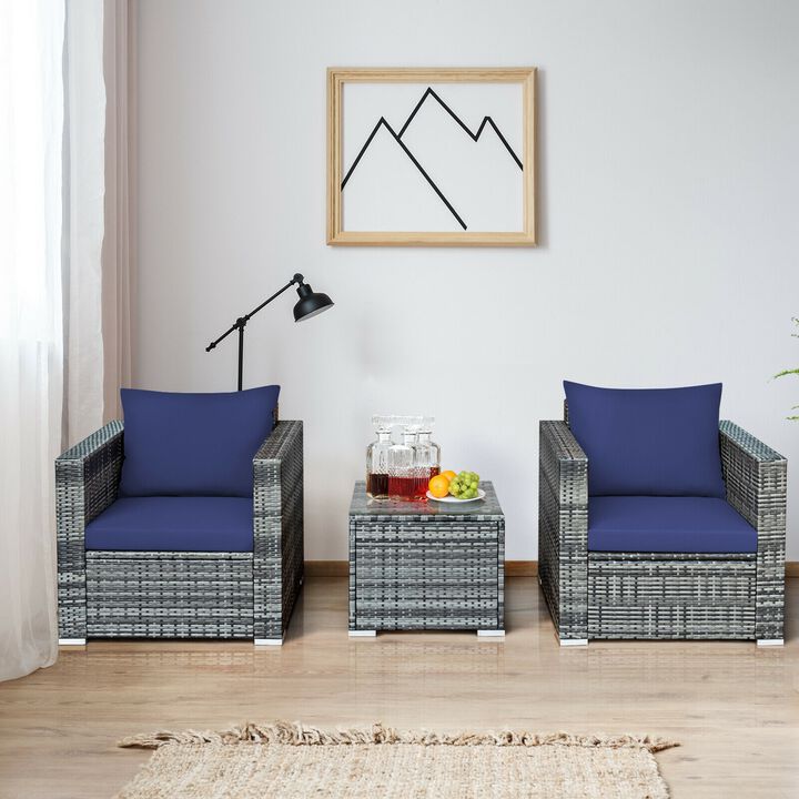 3 Pcs Patio Rattan Furniture Bistro Sofa Set with Cushioned
