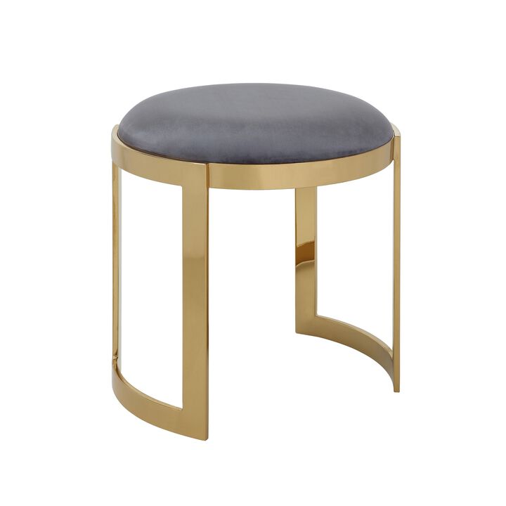 Niyo 19 Inch Accent Stool Ottoman, Round Cushioned Gray Velvet Seat, Gold - Benzara