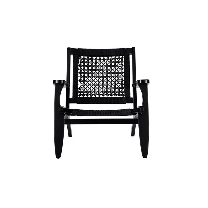 Heor 29 Inch Accent Chair, Hexagon Rope Woven Back, Seat, Black Wood  - Benzara