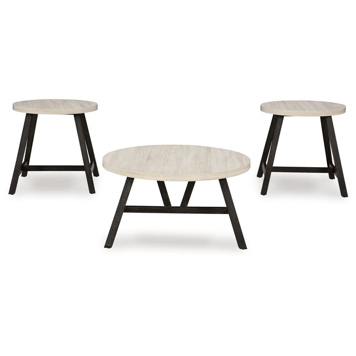 Demy 3pc Coffee and End Table Set, White Round Oak Wood Top, Gray Base - Benzara