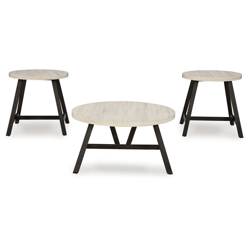 Demy 3pc Coffee and End Table Set, White Round Oak Wood Top, Gray Base - Benzara