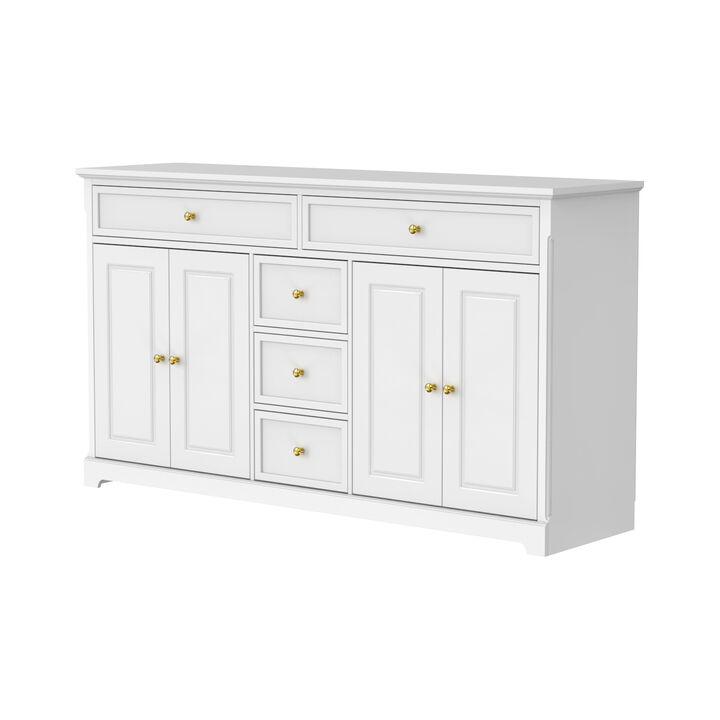 White Wooden Sideboard with 2 Large Drawers, 3 Small Drawers and 2 Cabinets 59.1 in. W 33.5 in. H x 15.7 in. D