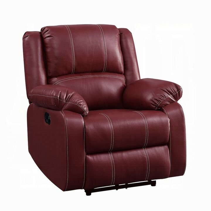 Zuru Motion Manual Rocker Recliner Chair, Plush Dark Red Faux Leather - Benzara