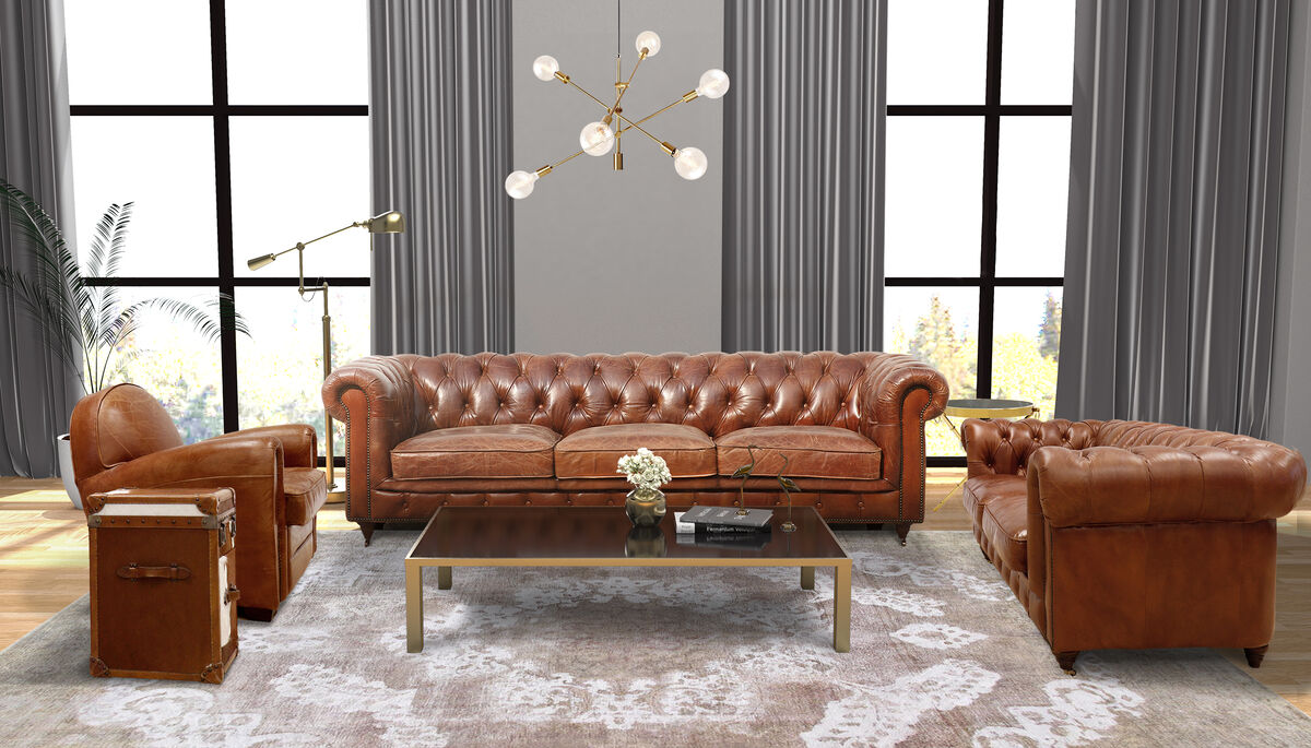 Pasargad Home Paris Club Top Grain Leather Tufted Loveseat, Brown