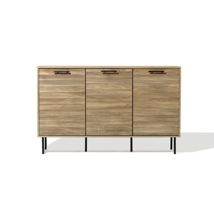 LuxenHome Mid-Century Modern Wave 3-Door 55.1-Inch Wide Kitchen Sideboard Cabinet with Metal Legs