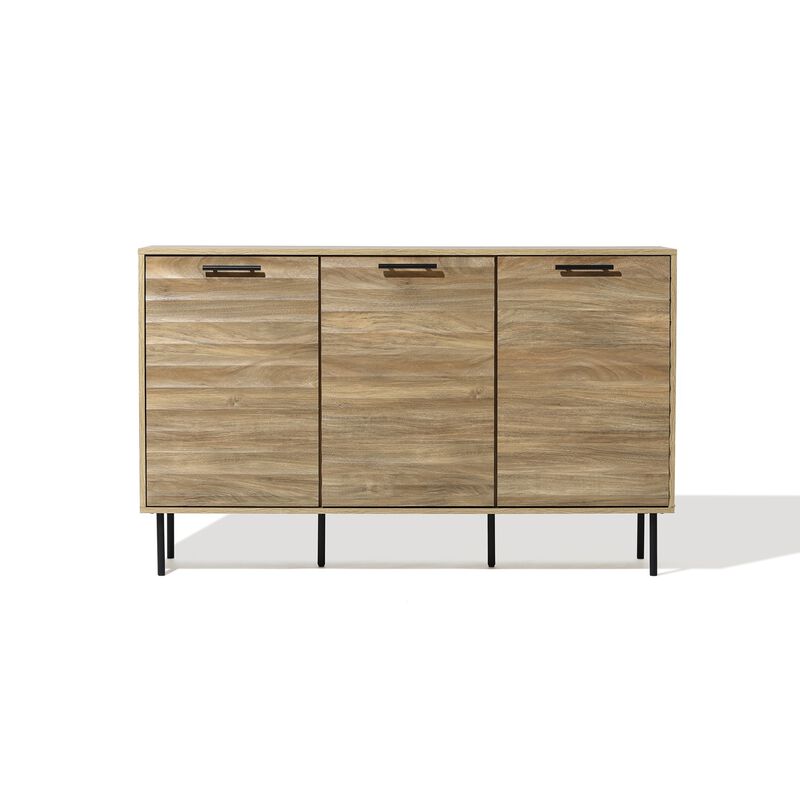 LuxenHome Mid-Century Modern Wave 3-Door 55.1-Inch Wide Kitchen Sideboard Cabinet with Metal Legs