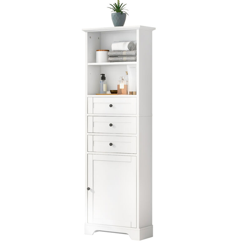 White Tall Storage Cabinet with 3 Drawers and Adjustable Shelves