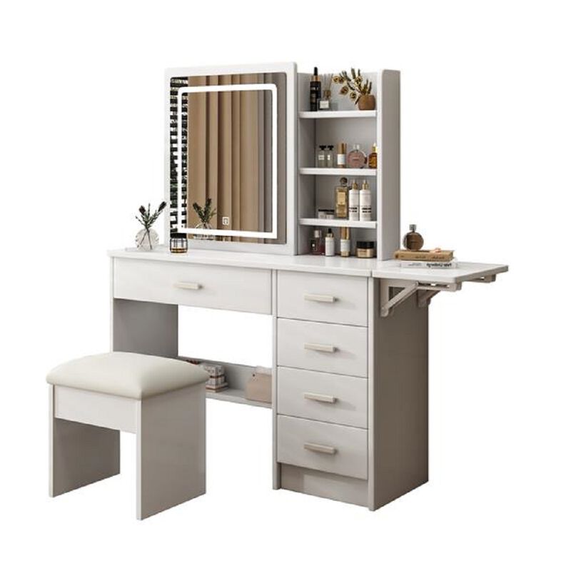 Vanity Desk with Lighted Mirror, Open Shelves & Chair, 5 Drawers, Adjustable LED Lights
