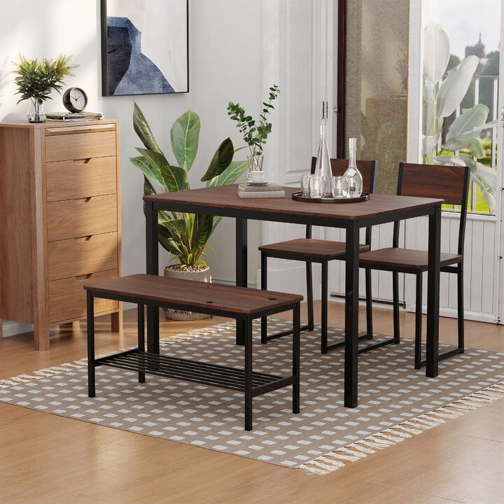 Rustic Dining Set: 4-Piece Industrial Table, Chairs, Bench, and Rack