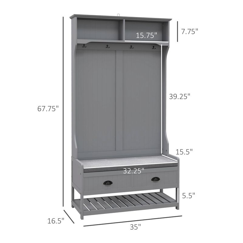 Gray 3-in-1 Hall Tree: Coat Rack, Shoe Rack, Storage Drawers