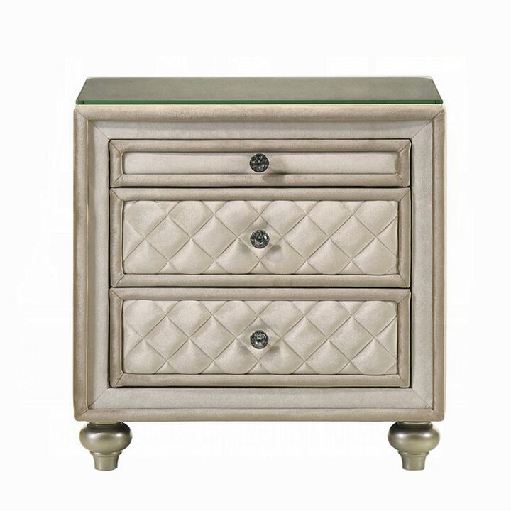 Willa Nightstand, 2 Drawers, Pull Out Tray, 27 Inch Wood, Beige Velvet - Benzara