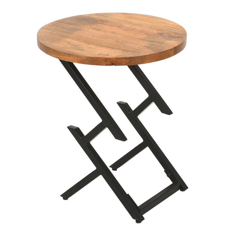 23 Inch Side End Table, Natural Brown Round Wood Top, Modern Black Angled Iron Legs - Benzara