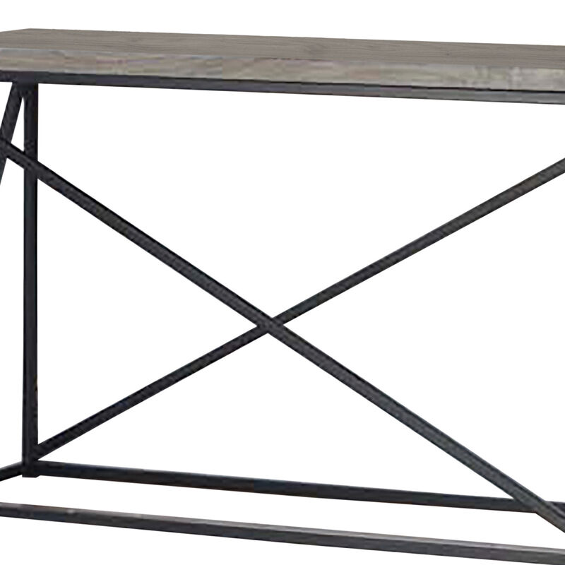 Industrial Style Minimal Sofa Table With Wooden Top And Metallic Base, Sonoma Gray-Benzara