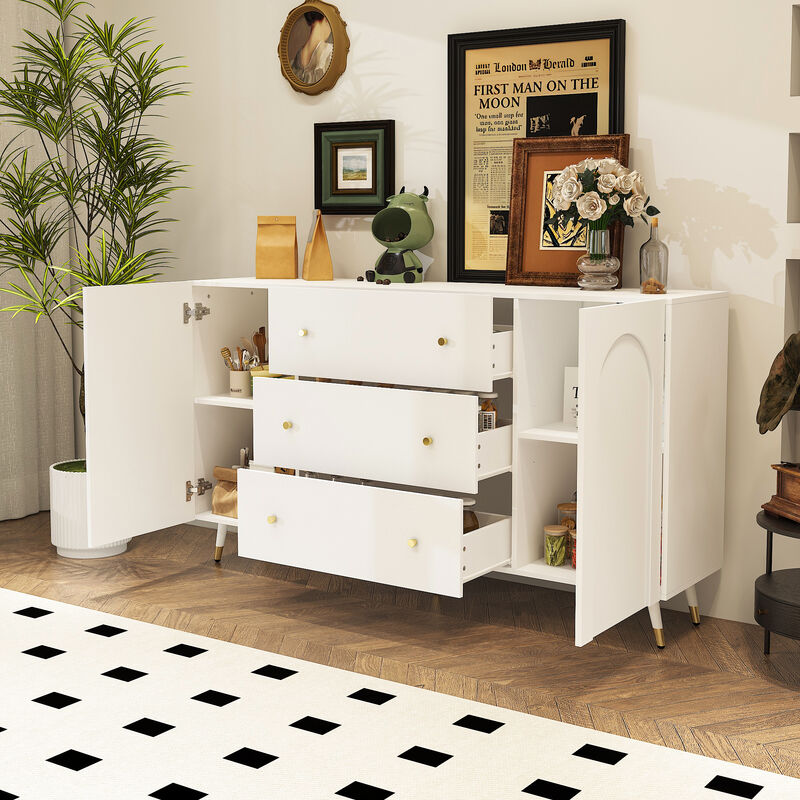 FUFU&GAGA Modern White Sideboard with Two Doors and Three Drawers, Gold Tapered Handles, and Storage Shelf (63" W x 15.7" D x 35.4" H), White