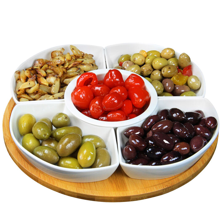 Elama Signature 12 1/4 Inch 6-Piece Lazy Susan Appetizer and Condiment Server Set with 5 Serving Dishes and a Bamboo Lazy Suzan Serving Tray