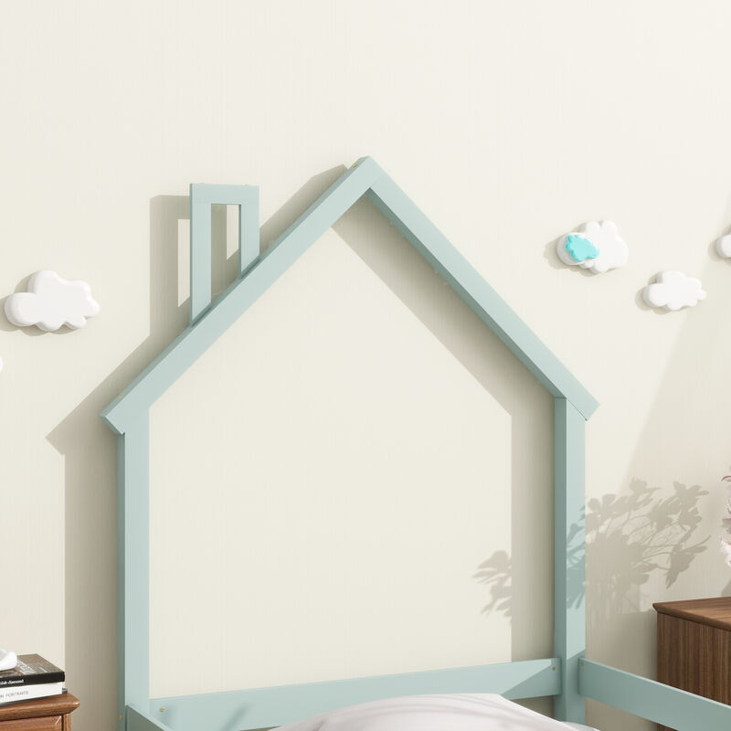 Twin Size Wood Bed With House-Shaped Headboard Floor Bed With Fences, Light Green