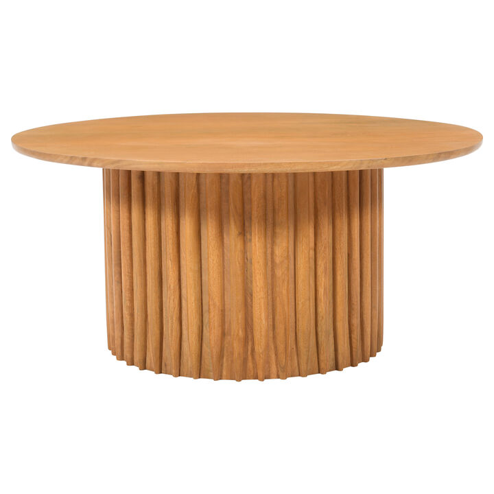 Sejo Coffee Table, 34 Inch Round Top with Fluted Base in Natural Brown Mango Wood - Benzara