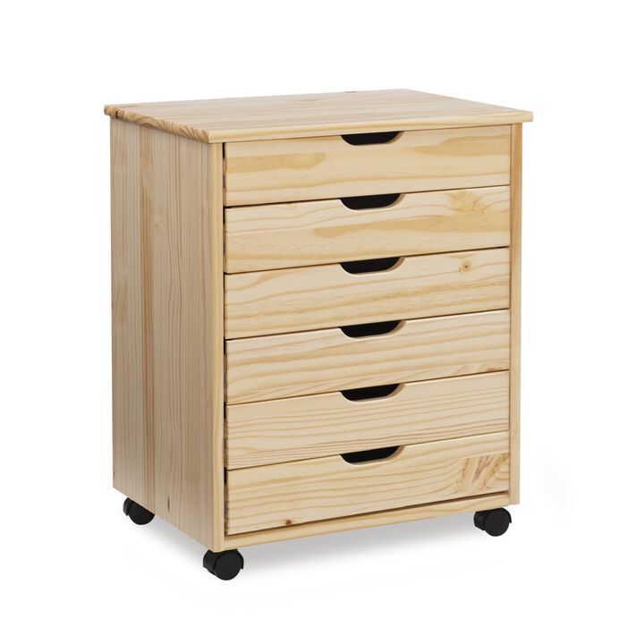 Linon Cary Six Drawer Wide Roll Cart, Natural