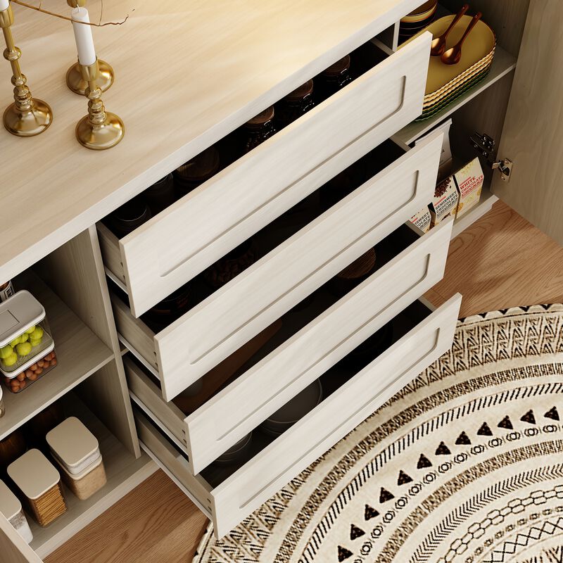 FUFU&GAGA Natural Wood Storage Cabinet with 4 Drawers and 2 Doors, MDF & Rubberwood Construction (55.1" W x 33.9" H x 15.7" D), Grey