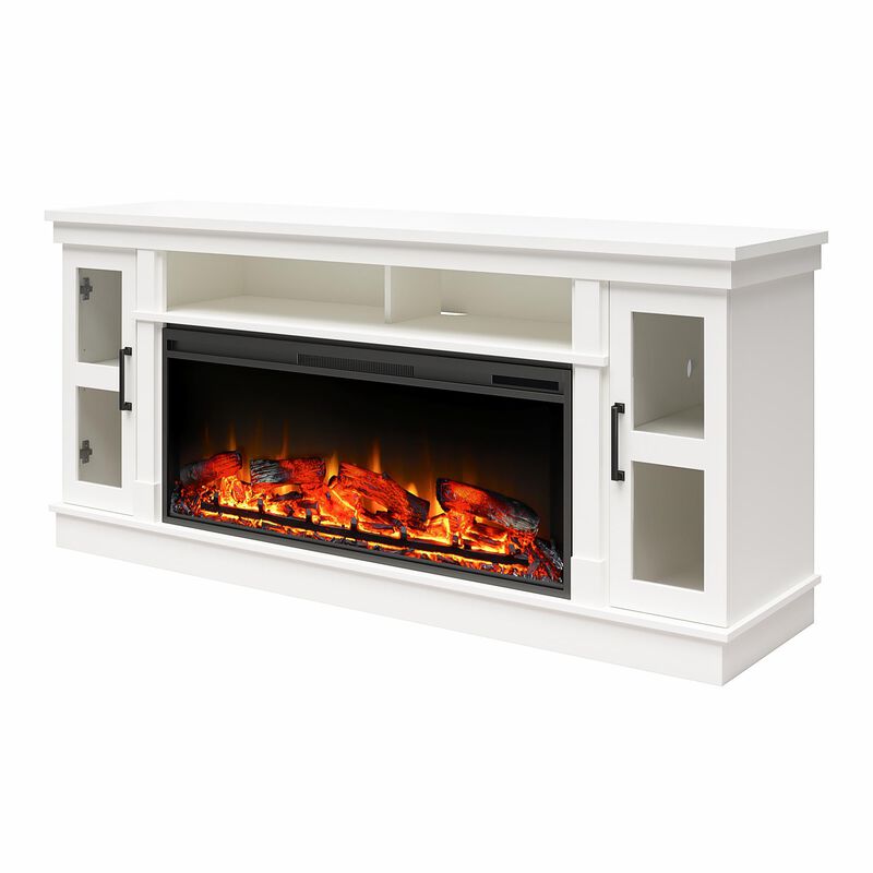 Elmcroft Wide TV Console with Electric Fireplace Insert for 75" TVs, White