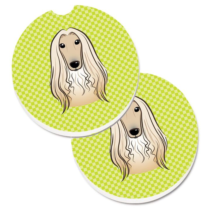 Caroline's Treasures Checkerboard Lime green Afghan Hound Set of 2 Cup Holder Car Coasters BB1306CARC, 2.56, Multicolor