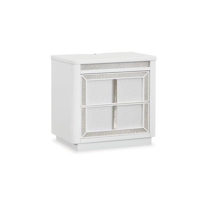 Canaal Nightstand, 2 Drawer, White Solid Wood, 28 Inch, LED Light - Benzara