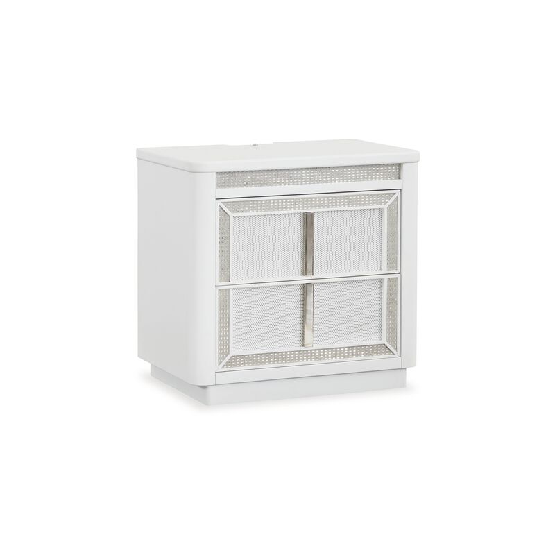 Canaal Nightstand, 2 Drawer, White Solid Wood, 28 Inch, LED Light - Benzara