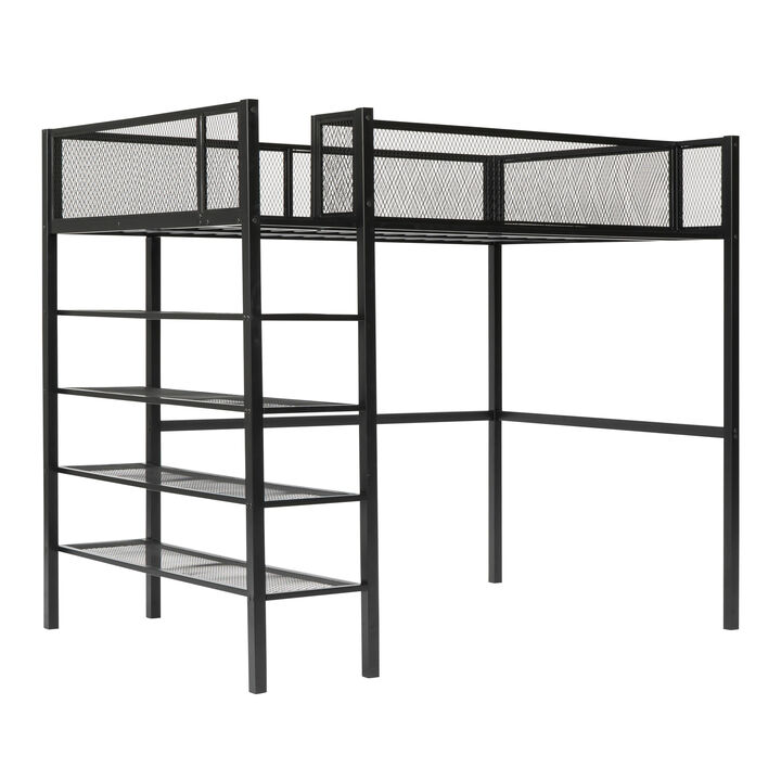 Twin Size Metal Loft Bed With 4 Tier Shelves And Storage