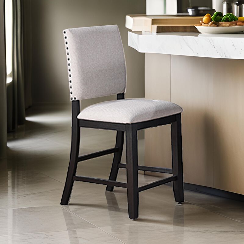 Edward 24 Inch Counter Height Chair Set of 2, Black Wood, White Fabric - Benzara