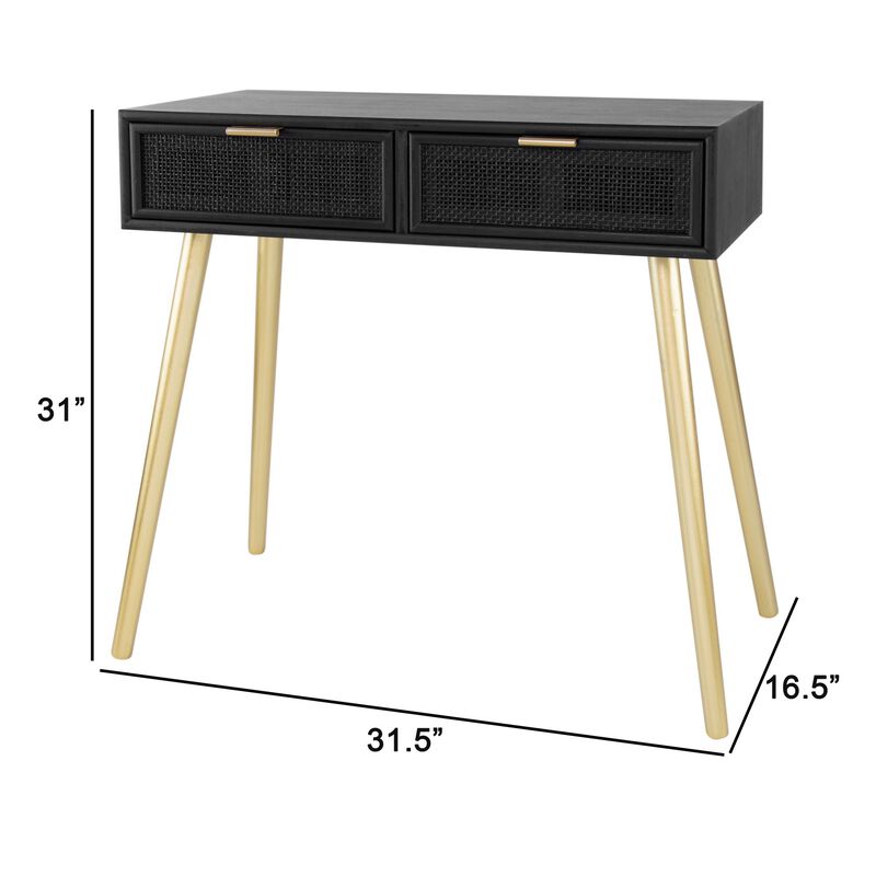 Pia 32 Inch Wood Console Table, 2 Drawers, Woven Rattan Design, Black, Gold-Benzara