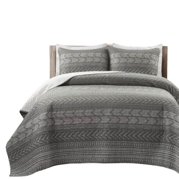 Hivvago King Size Scandinavian Dark Grey Chevron Stripe Reversible Cotton Quilt Set