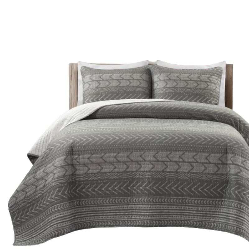 Hivvago King Size Scandinavian Dark Grey Chevron Stripe Reversible Cotton Quilt Set