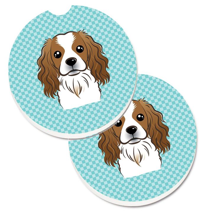 Caroline's Treasures Checkerboard Blue Cavalier Spaniel Set of 2 Cup Holder Car Coasters BB1162CARC, 2.56, Multicolor