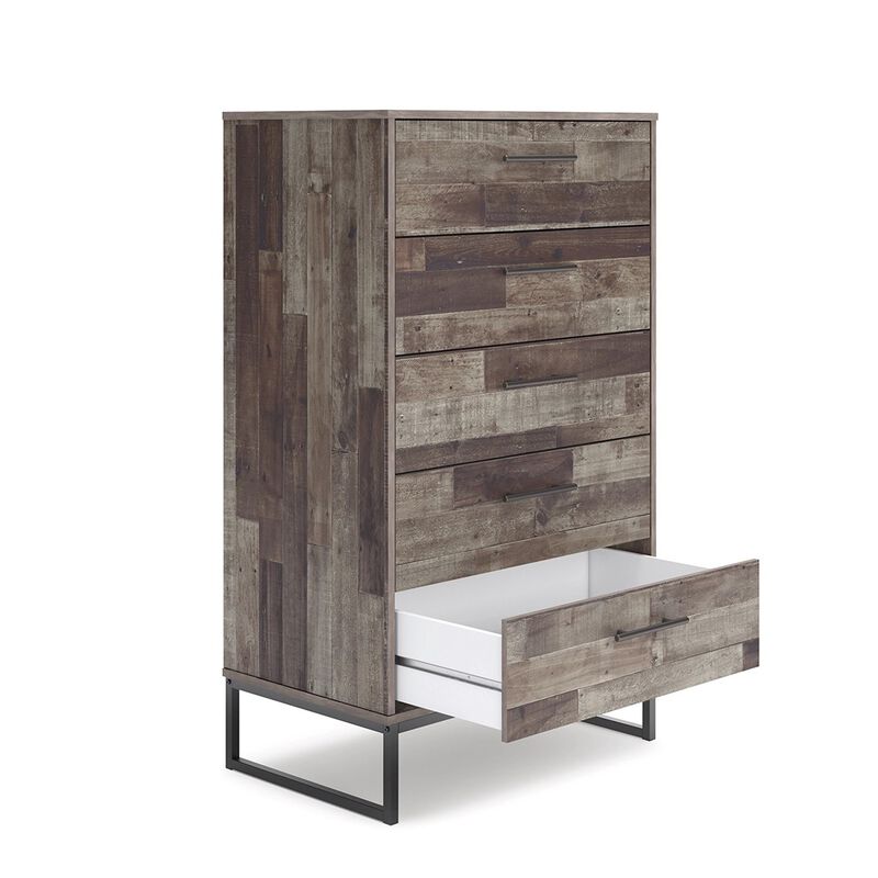 Vyne 51 Inch Tall Dresser 5 Drawers Chest, Gray Woodblock, Black Metal Base -Benzara